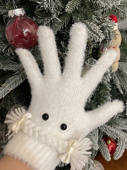 Schwarz/Weiße Lolita-Handschuhe mit Zöpfen und Schleife