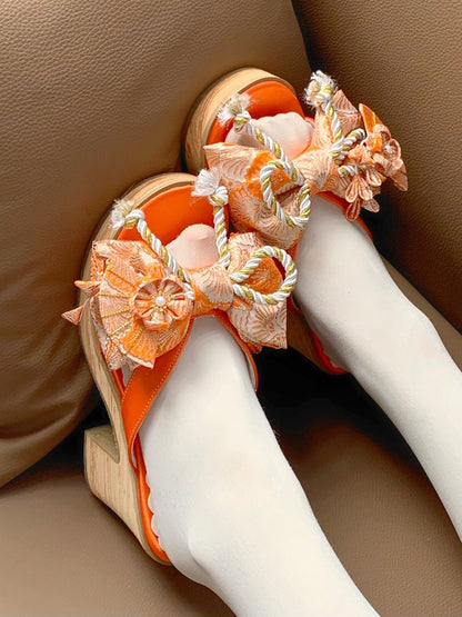 Orange Wa Lolita Clogs with Big Bow and Floral Accents - Aimee