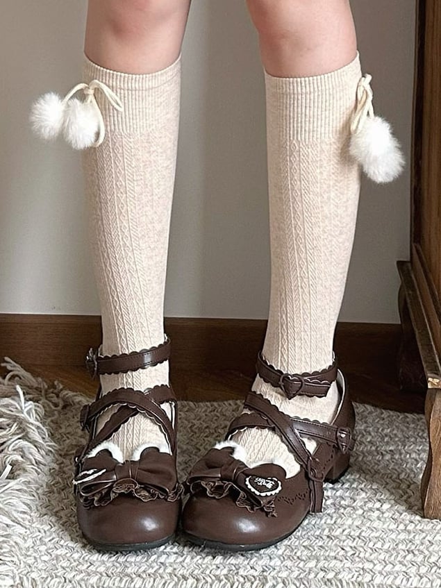 Bow Ear Snap Heels Plush Edge Lolita - Adjustable Heart Low Decor Sweet Scalloped Bear Brown with Top