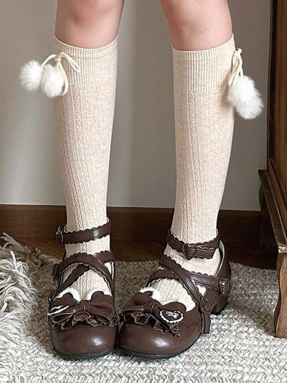 Bow Ear Snap Heels Plush Edge Lolita - Adjustable Heart Low Decor Sweet Scalloped Bear Brown with Top