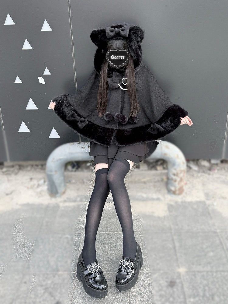 Jirai Cape Kei with Hood Coat - Kitty-Ears Plush Wool Essential Black Fall/Winter