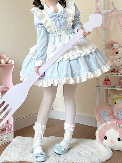 White Maid Sailor Blue Dress Sleeves Apron Ears Lolita Short Collar with Bunny