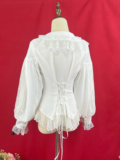 ホワイトのダブルレイヤーカラーのエレガントな長袖シャツ