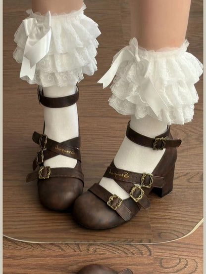 Brown Round-Toe Shoes with Square Buckle Straps and 6cm Heel - Dita Lolita Shoes