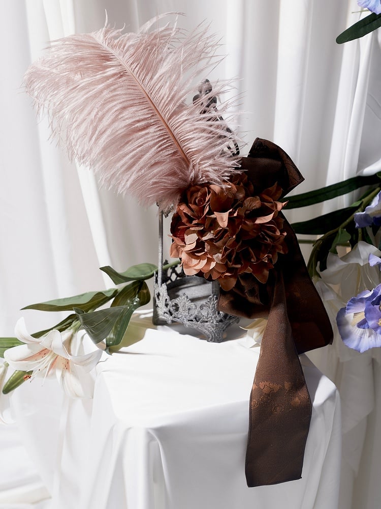 Accent Flower Lolita Hairclip Black/Gray/Brown and Bow Feather with