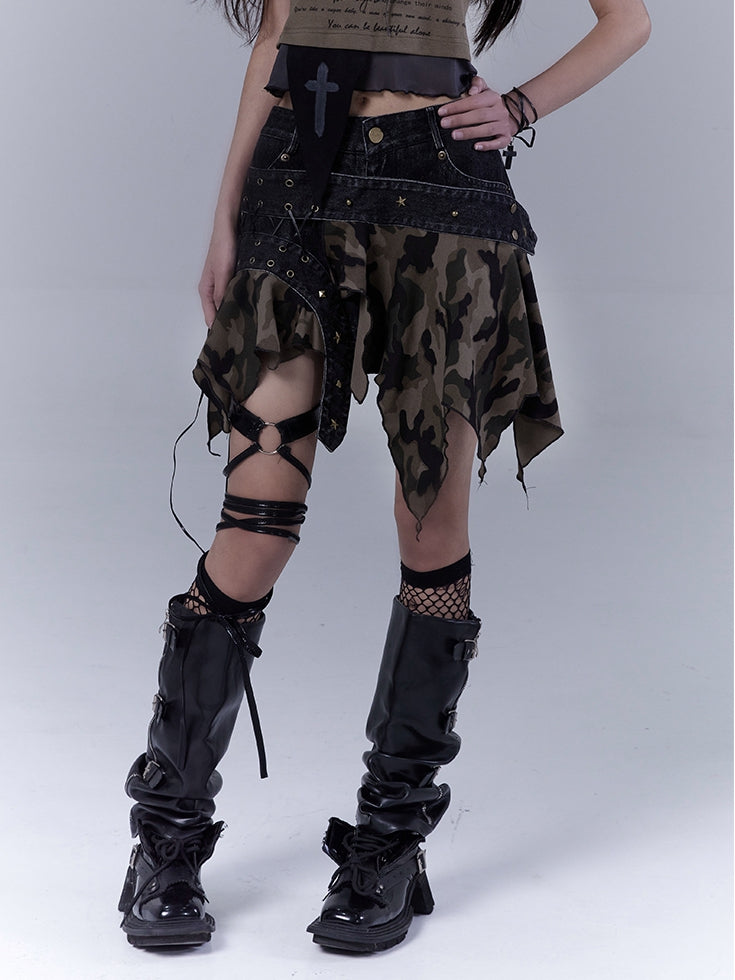 Waist Camo Handkerchief Hem Low Detail Lace-up Distressed Denim Skort