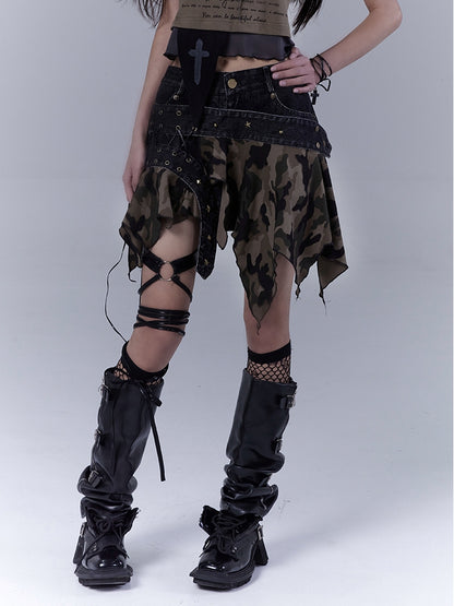 Waist Camo Handkerchief Hem Low Detail Lace-up Distressed Denim Skort