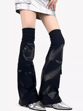 Punk Leg Warmers Black PU Cargo Pocket - White Socks