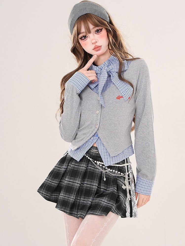 Grey/Navy Blue Plaid Patchwork Faux Two-piece Cardigan