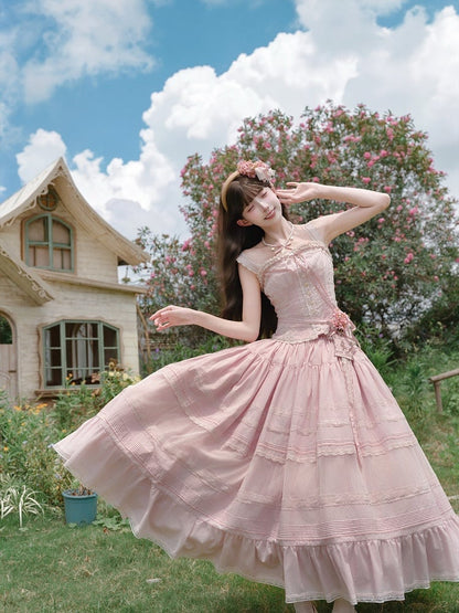 Pink Sweet Lolita Button Top with Lace Skirt Set - Penny House