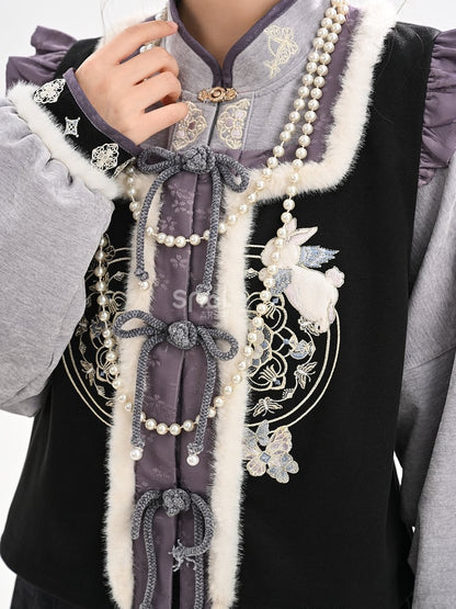 Black and Purple Moon Rabbit Cheongsam Style Vest