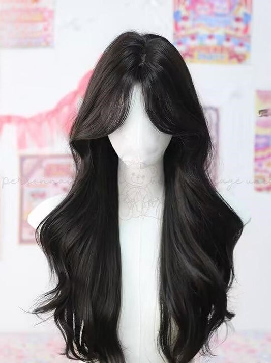 Long With Curtain Wigs Bangs Black Wavy