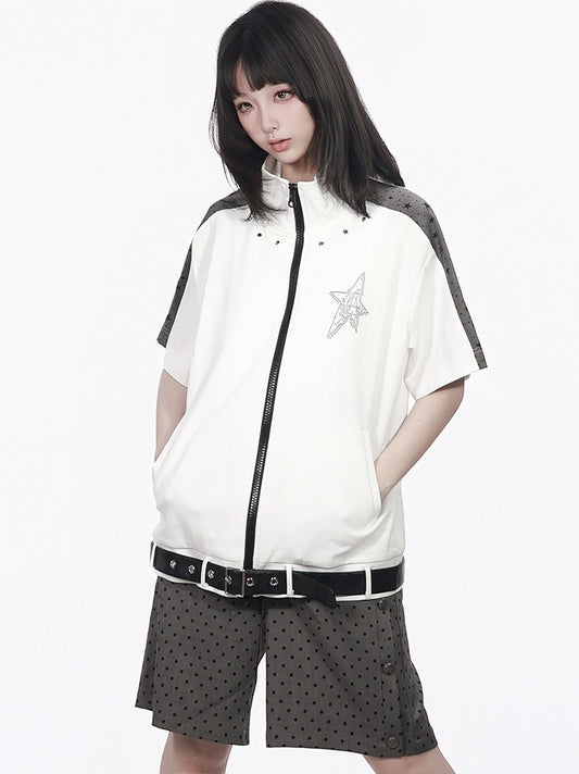 Star Print Zip-Up Jacket with Belt Accents in White and Gray - PINK SAVIOR