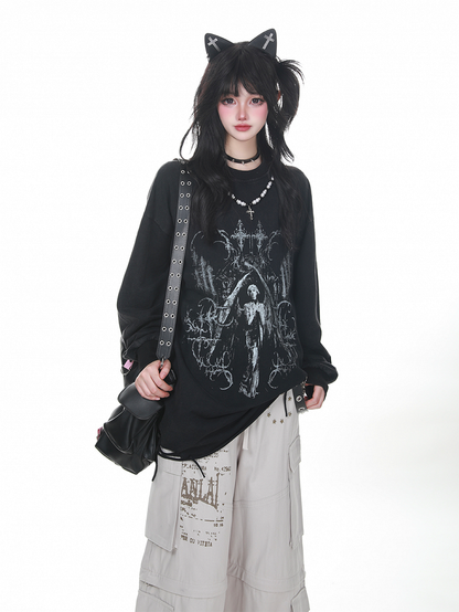 Bead Black/White Distressed Long Sleeve Sweatshirt with Detachable Chain