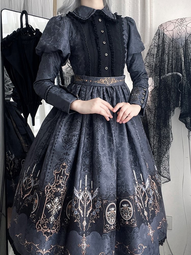 Lolita with Bat Juliette Wings Candelabras Sleeves Print Gray Dress Gothic