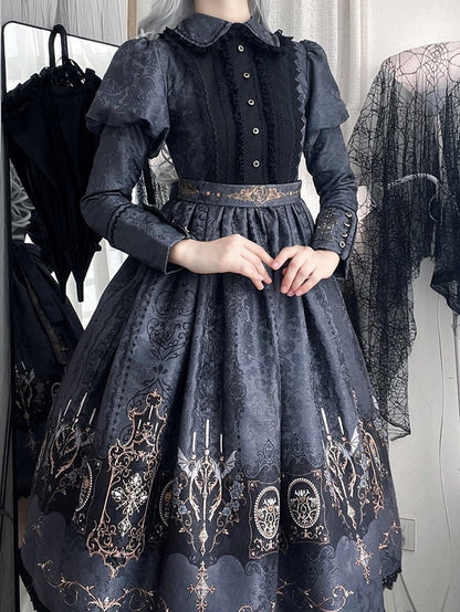 Lolita with Bat Juliette Wings Candelabras Sleeves Print Gray Dress Gothic