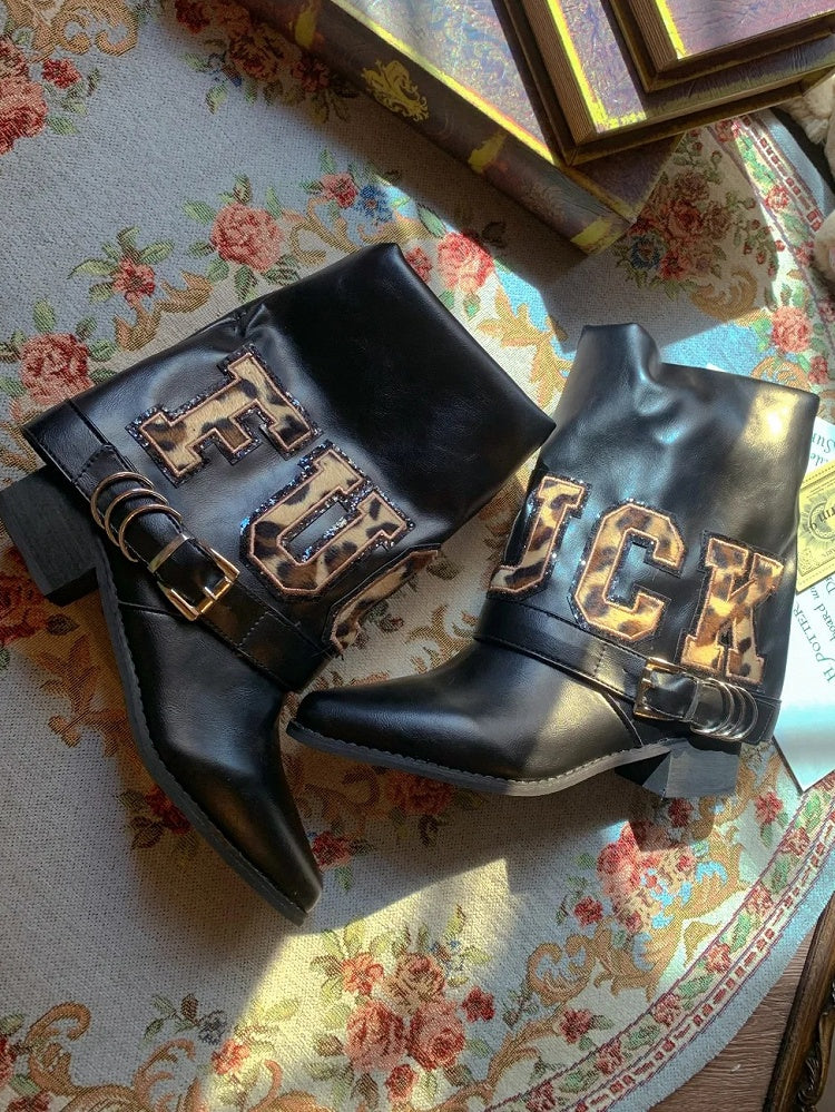 Toe Pointed Mid-Heel Leopard Black Letter - Patches Boots Print