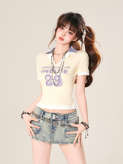 Vネック ピンク/イエロー/ブルーと数字プリントTシャツ レター