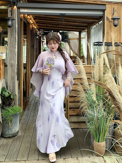 チーパオデザインドレス プラスサイズ チャイナドレススタイル パープルプリント ケープウィステリア