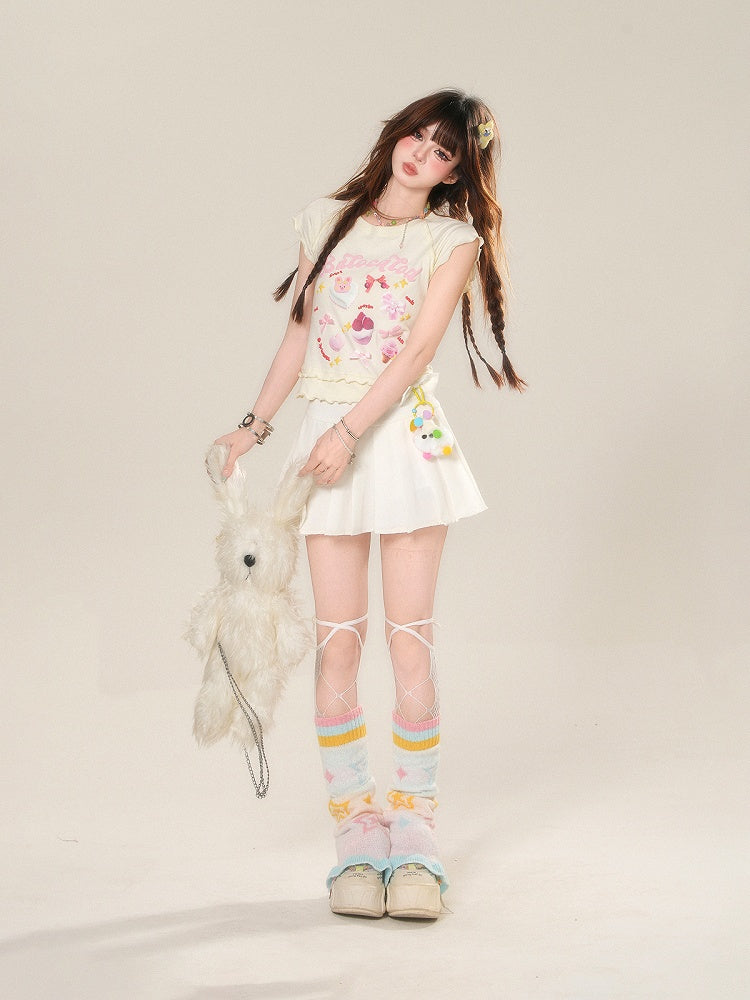 Glamorous Dessert Print Ruffled T-shirt Sweet Trim Pink/Apricot