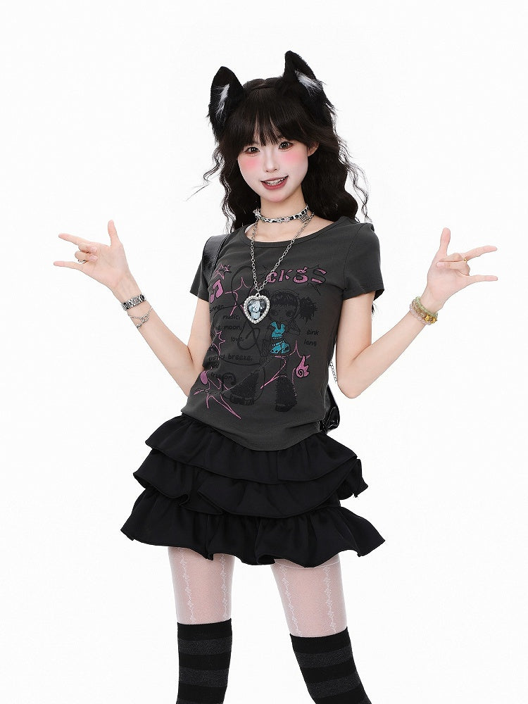 Black Slim-Fit Cartoon Musical Graphic with Notation T-shirt: