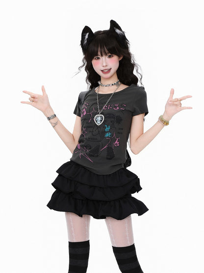 Black Slim-Fit Cartoon Musical Graphic with Notation T-shirt: