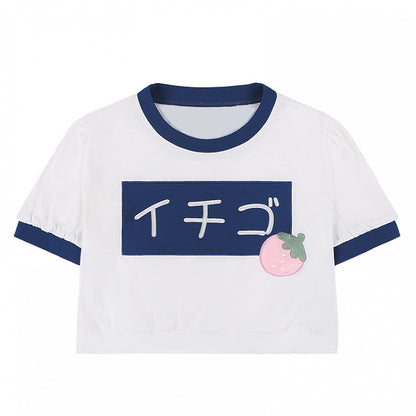 Marineblaues, kurzes Erdbeer-Top mit Rundhalsausschnitt