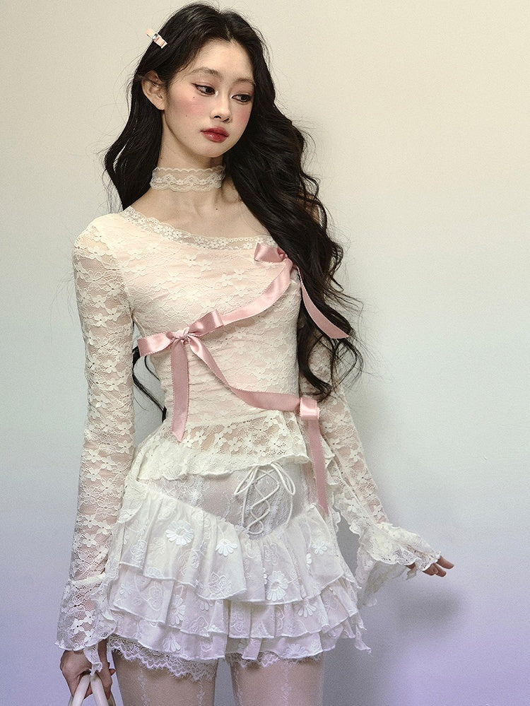 Apricot Ribbon Bow Detail Asymmetrical Neckline Lace Top