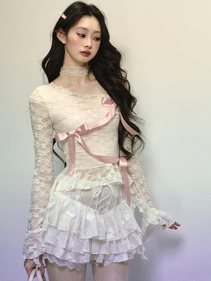 Apricot Ribbon Bow Detail Asymmetrical Neckline Lace Top