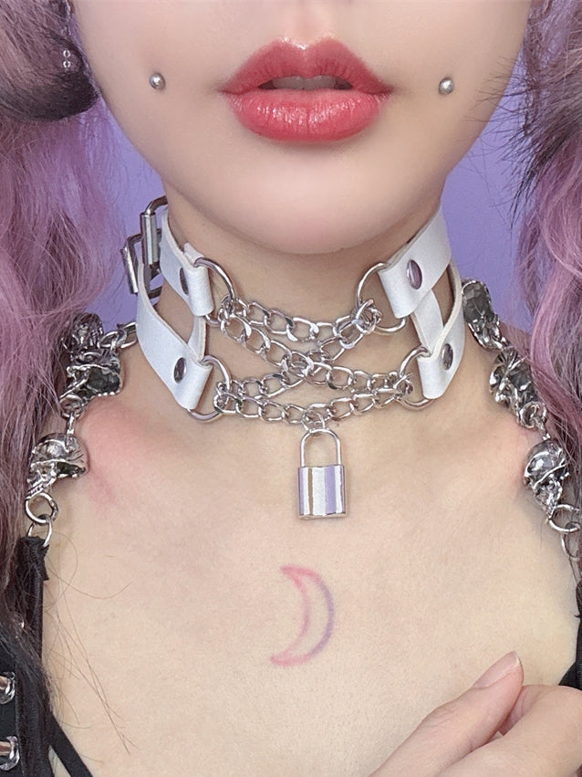 Black/White Lock Detail Y2K Pendant PU Choker Lace-up