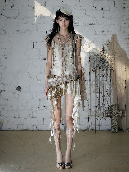Gold Satin Two-Piece Asymmetrical Dress with Ruffle - NO ROMANCE