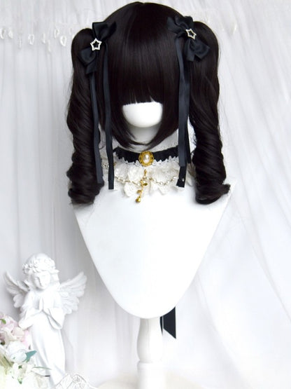 ストレートクリップ付きウィッグ 爪の長さ + カール 22CM ダブルローマンバングス ショートブラックポニーテール フル 30CM