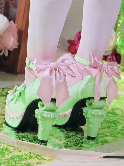 Shoes Heart Decor - High-heel PU Leather Details Bowknot Green