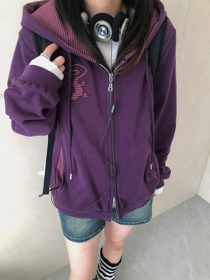 Retro Fall Dark Purple Hooded Zip Jacket with Gecko Motif and Striped Accents - innomoood