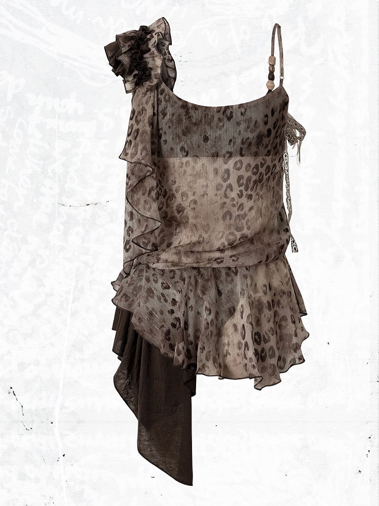 Brown Leopard Cowl-Neck Asymmetric Faux Two-Piece Dress - NO ROMANCE