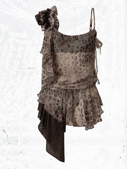 Brown Leopard Cowl-Neck Asymmetric Faux Two-Piece Dress - NO ROMANCE