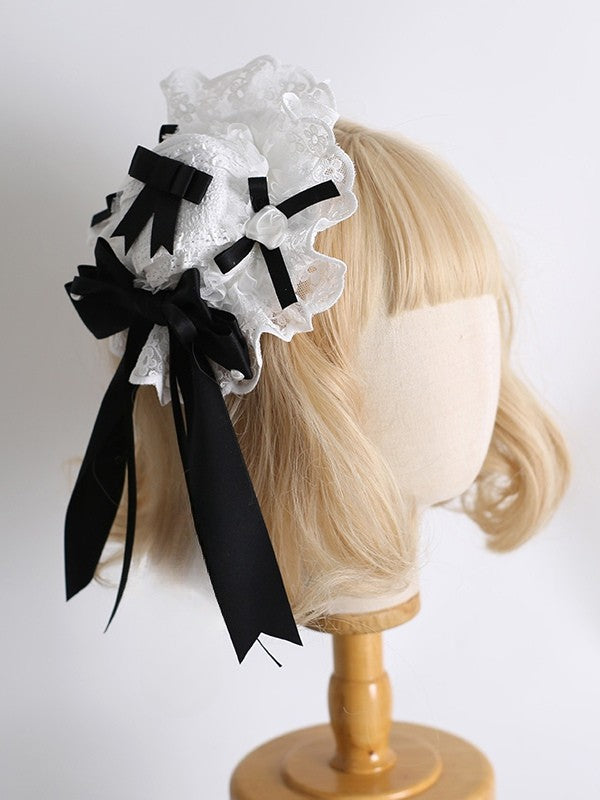 Lolita Bowknot Beaded Lace Sweet Decorated Mini Details BlackWhite Trim Hat