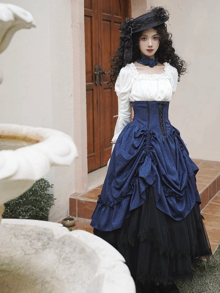 Boned Dark Lolita Bust Gothic High Skirt Blue Drawstring Waist Under
