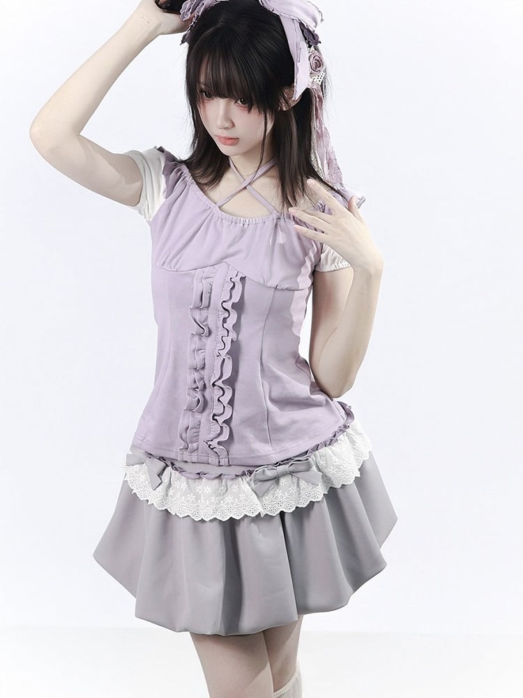Dusty Purple Halter Ruffle Bow Top - PINK SAVIOR