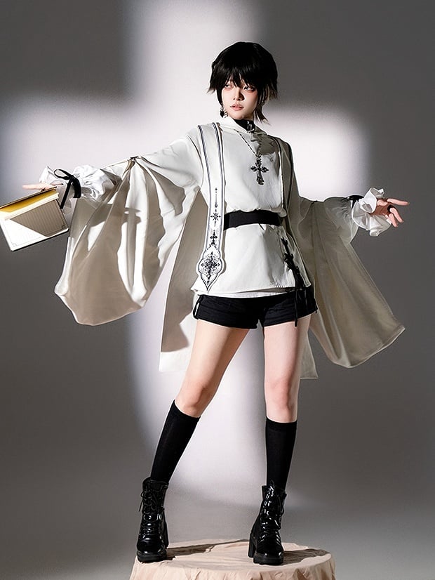Fashion - Sleeveless Stoles Shorts Shirt + Full Sleeves Top Long Nun Ouji Lolita Hooded White Black Set