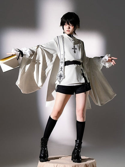 Fashion - Sleeveless Stoles Shorts Shirt + Full Sleeves Top Long Nun Ouji Lolita Hooded White Black Set