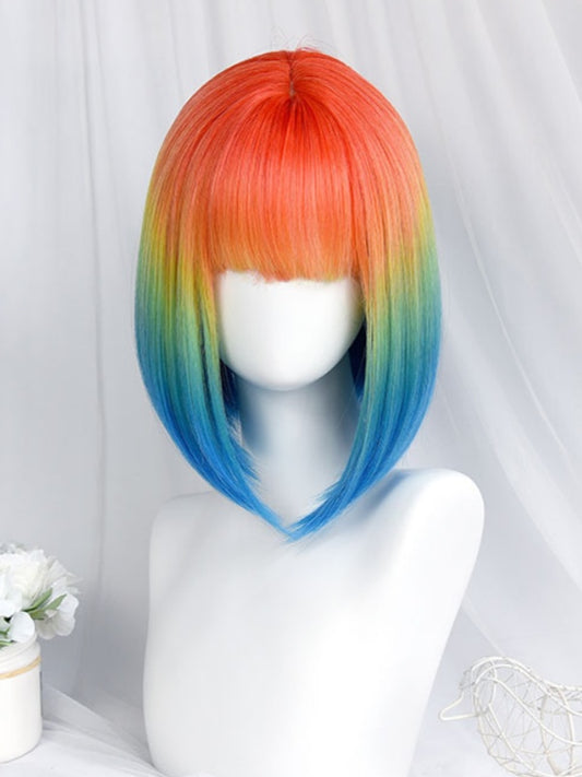 Regenbogenfarbene, kurze Bob-Perücke mit vollem Pony