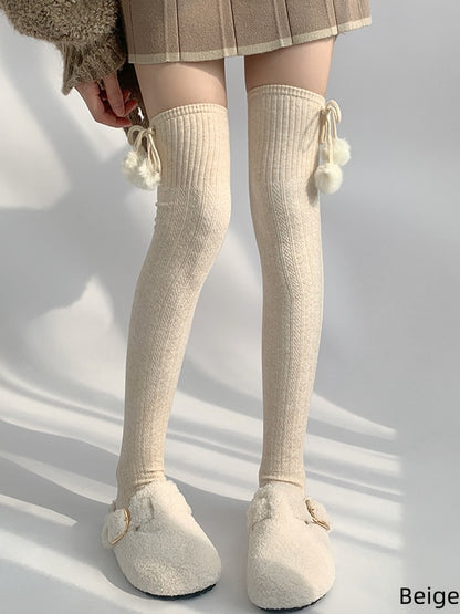 Vertical-Stripe Over Knee with Decorations Colors Pom-Pom 4 Stockings