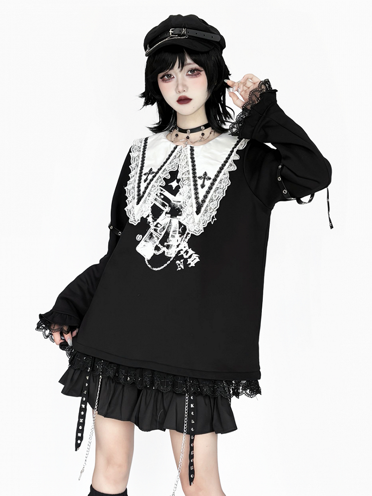 with Black Top: Criss-Cross Cross Pointed Harajuku Style Collar White Jirai Straps Kei Sleeve