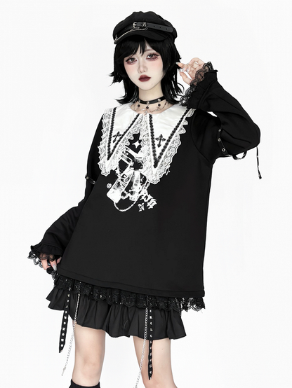 with Black Top: Criss-Cross Cross Pointed Harajuku Style Collar White Jirai Straps Kei Sleeve