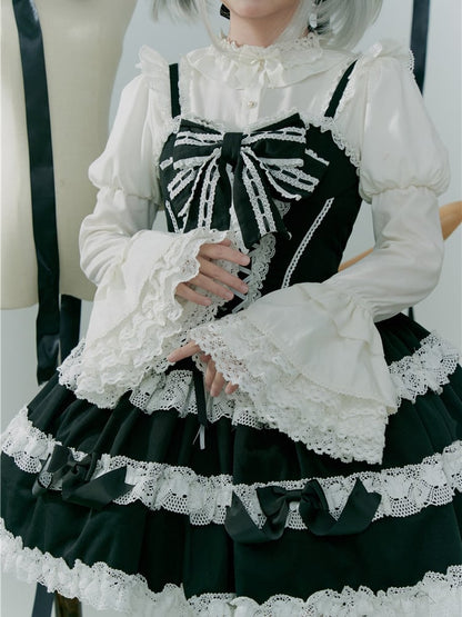 Black and White Old School Bowknot Details Lace Accents Balletcore Dress Lolita Jumper Skirt