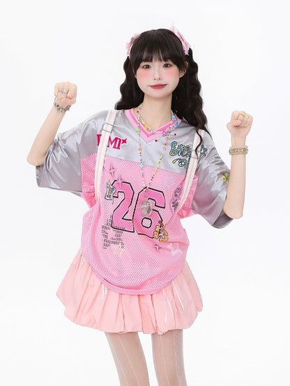 Breathable Satin Jersey T-Shirt with Contrast Collar and Number Print Pink/Green