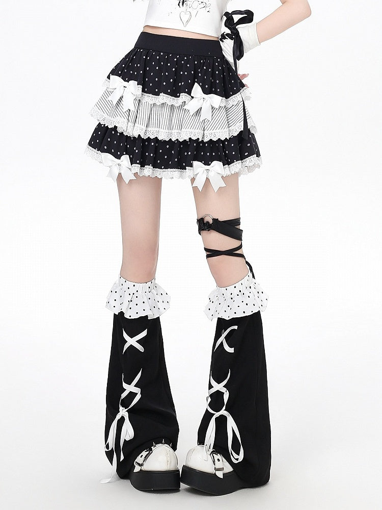Black Polka Dot Tiered Skirt with Bow & Lace & Leg Warmers - CRAZY GIRL
