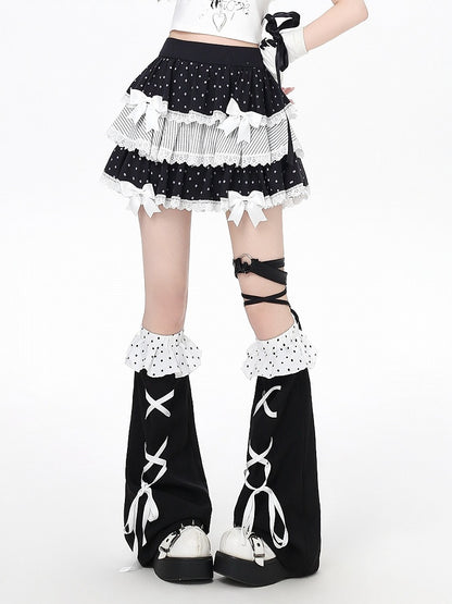 Black Polka Dot Tiered Skirt with Bow & Lace & Leg Warmers - CRAZY GIRL
