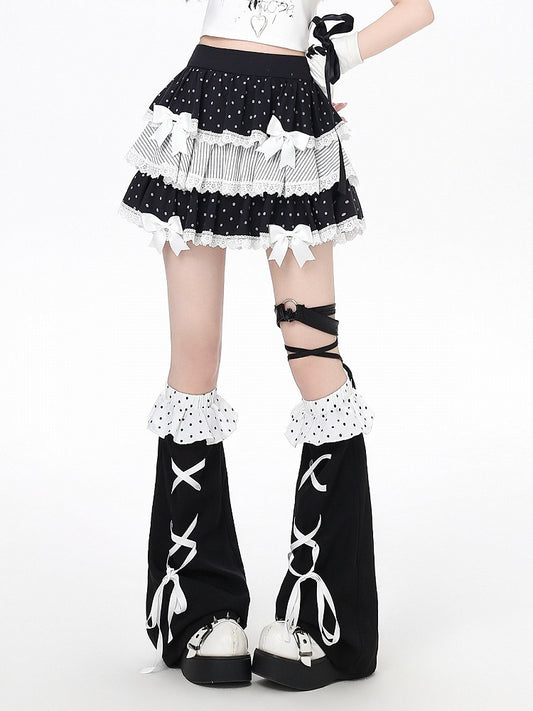 Black Polka Dot Tiered Skirt with Bow & Lace & Leg Warmers - CRAZY GIRL